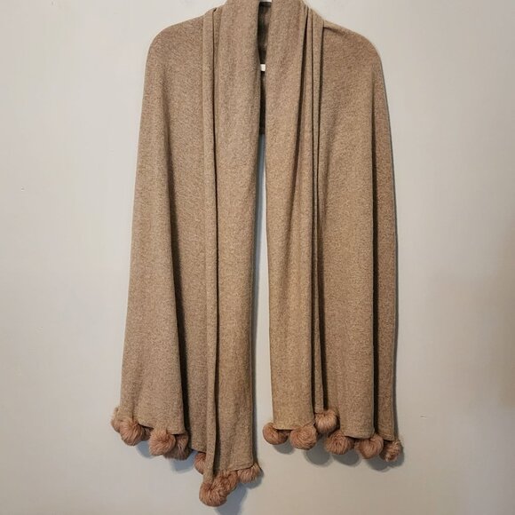Marshall Fields Cashmere Scarf  rabbit fur pompoms  30 x 79 2 repaired holes - Picture 1 of 7